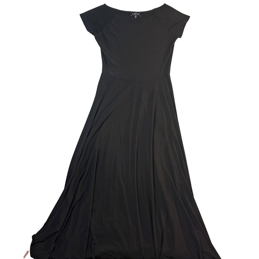 Lbisse Dress Black Fit & Flare Maxi 90s Womens XS Cap Sleeve Scoop Neck Stretch